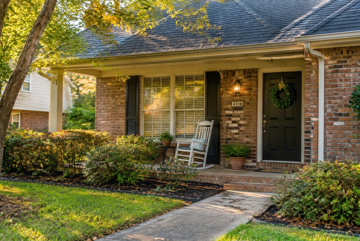 A quiet brick family home with a porch at golden hour