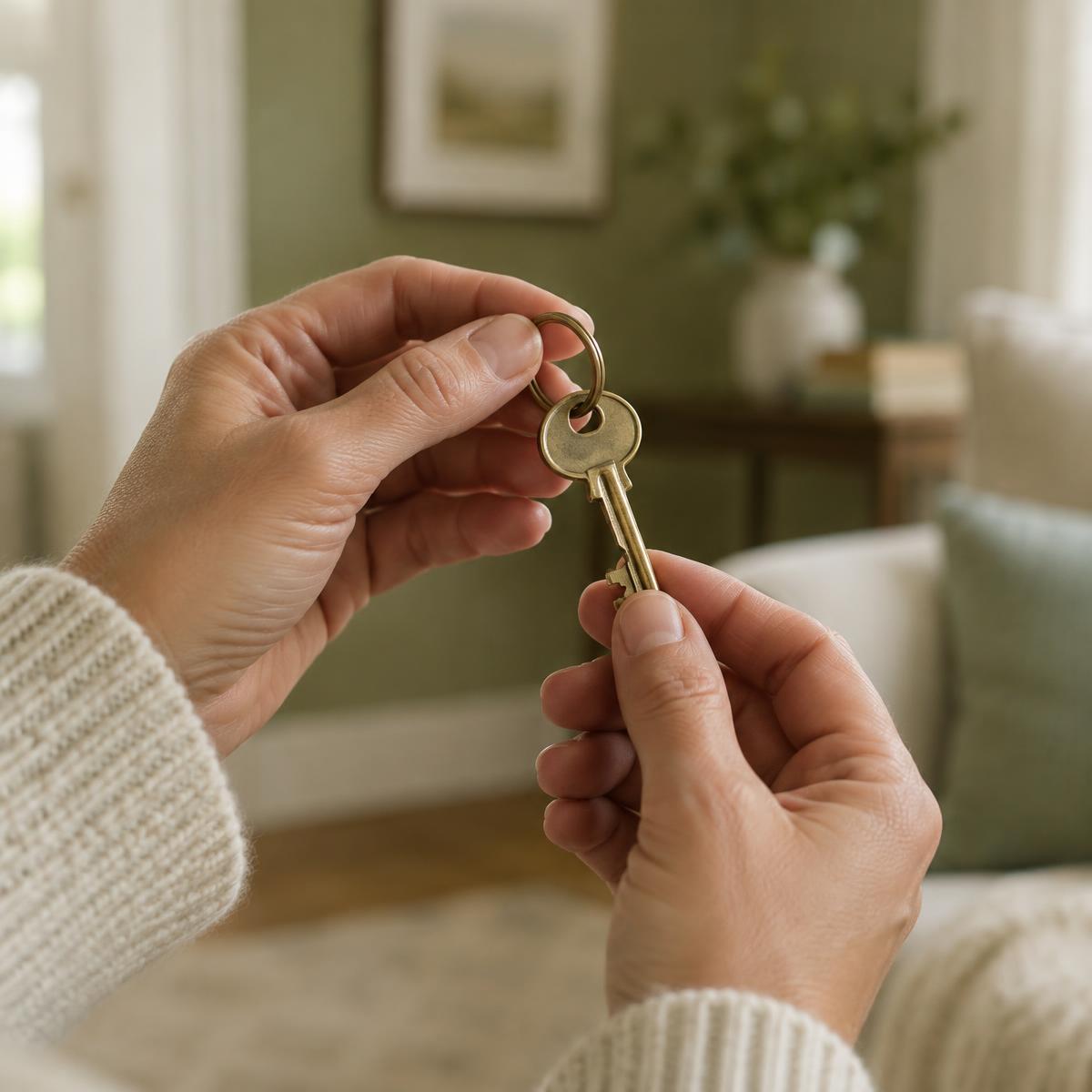 Hands holding a brass house key