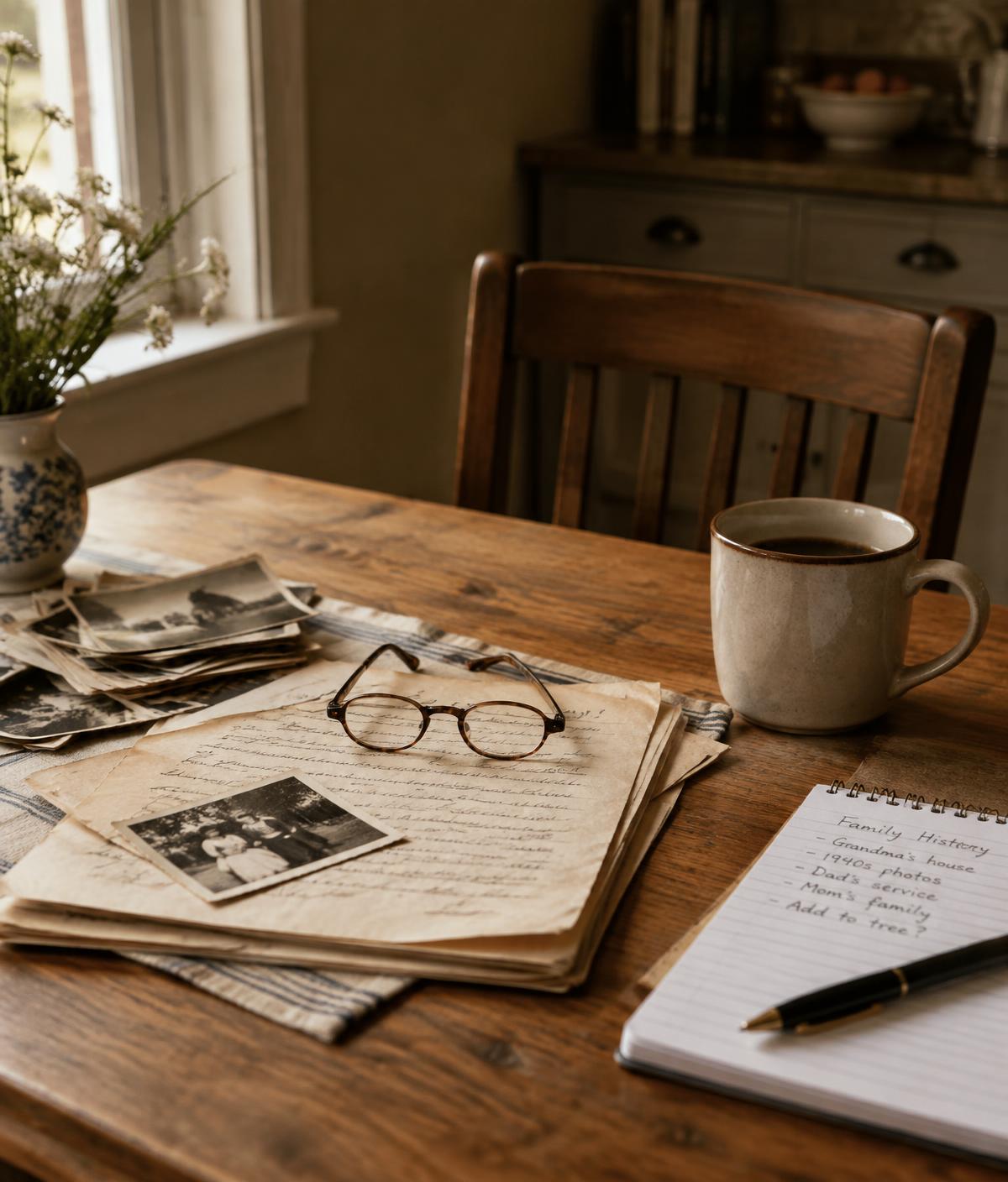 Family papers and photos on a kitchen table